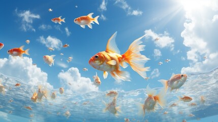 Goldfish air swimming in blue sky a blend of fantasy and reality - obrazy, fototapety, plakaty