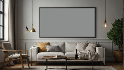 Frame mockup, ISO A paper size. Living room wall poster mockup, Interior mockup with house background