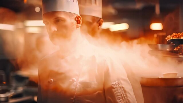 chef is standing in front of a fire, with his back to the camera. Concept of danger and excitement, as the chef is surrounded by flames