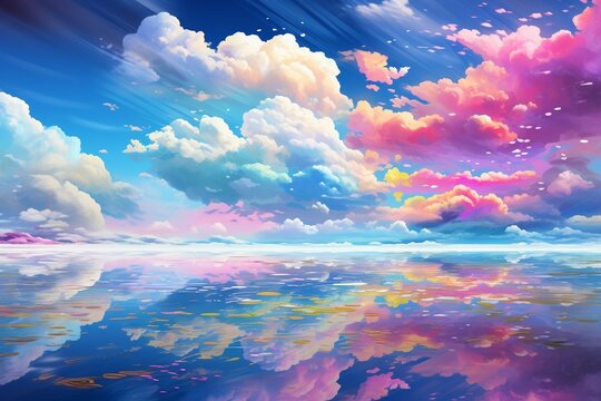 Vibrant rainbow sea beneath a blue sky and white clouds
