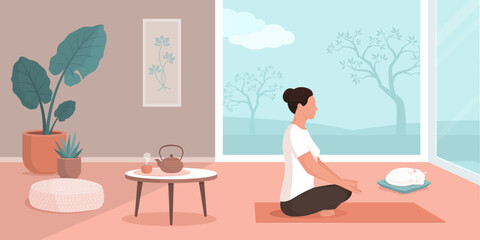 Woman practicing meditation at home - 758954119