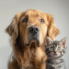 Golden retriever dog and adorable kitten on a stark white background, sitting next to each other