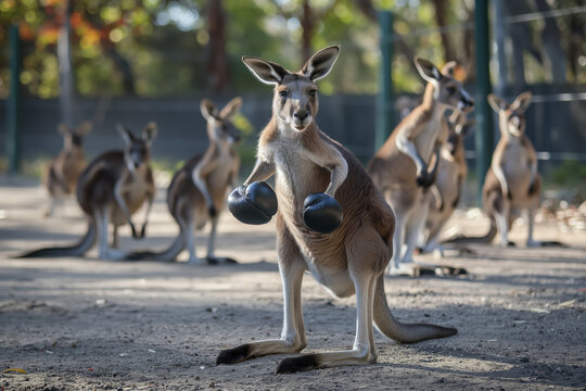 Boxing Kangaroo Takes Center Stage Amongst Its Mates in Outdoor Habitat