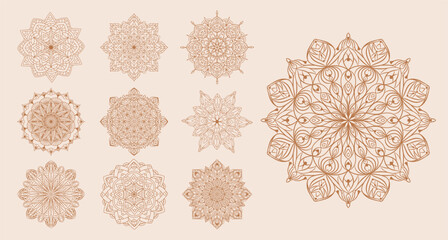 Hand drawn set of beige mandala with floral elements. Beautiful vintage ornamental symbol. Ethnic mosaic oriental pattern. Talisman, antique style, boho, tattoo. Vector outline sketch illustration