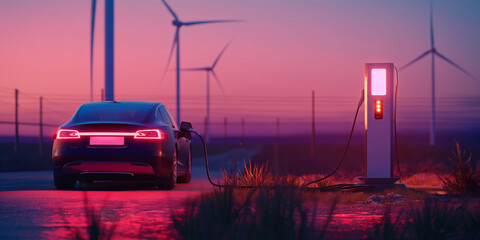 Electric Car at Charging Station at Dusk Amidst Wind Turbines - A Future Mobility Concept
