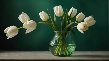  white tulips in green glass vase on green background 