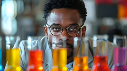 African American Material Scientist Deep in Thought in Vibrant Laboratory