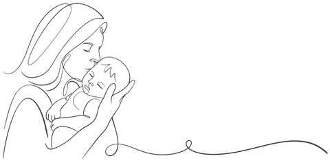 Mother and baby line art. Mom hugs child. Motherhood and newborn concept. Happy mother line vector illustration. Parent loving kid, happy mother day design for card