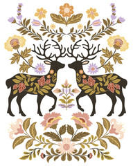 Postcard or poster made from folk art elements. Folk vector illustration with flowers and deer on a white background. Hand drawn folk flowers. Scandinavian traditional motif