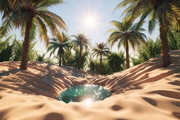 A miniature desert oasis, with a realistic small water source surrounded by palm trees, under a blazing sun. The textures of the sand and water are so detailed, it feels like a mirage brought to life. - Powered by Adobe