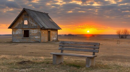 Old wooden bench and abandoned house on the field at sunset in spring in Canada. --chaos 50 --ar...