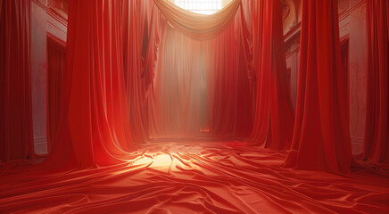 Cinematic room covered in red fabric draping on the walls with light softly shining from the top in a massive room. Generative AI.