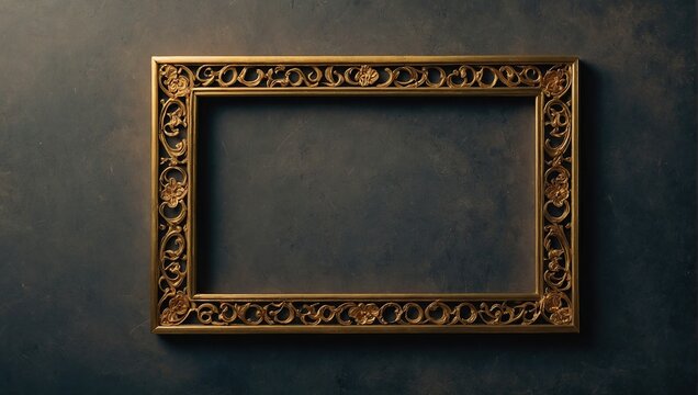 Rectangle vintage gold frame for web presentation, double line horizontal border in oriental style for 16x9 work project