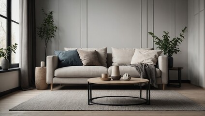 Modern scandinavian style interior with sofa and trendy vase, Home staging and minimalism concept, Minimal interior design