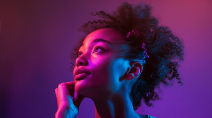 A young woman, illuminated by the dreamy hues of pink and purple neon lights, looks upward with a hopeful expression, symbolizing optimism and the vibrancy of youth.