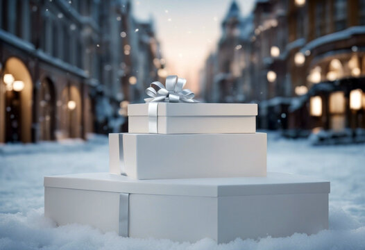podium blurred product city text pedestal advertising White background winter boxes gift space placement Free street poduim christmas pedestal dais gift box group pile street background white winter