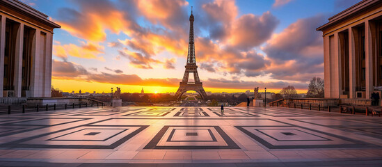 sunset at Eiffel Tower - obrazy, fototapety, plakaty