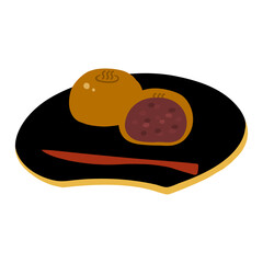 お皿にのった茶色い温泉まんじゅう( 粒あん)の手描きカラーイラスト