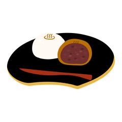 お皿にのった温泉まんじゅう(つぶあん)の手描きカラーイラスト