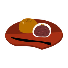 お皿にのった温泉まんじゅう(つぶあん)の手描きカラーイラスト