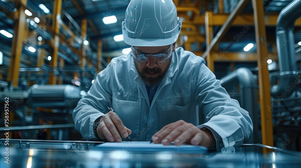 Poster an engineer doing calculations on a metal frame to test it for strength, the frame should be in the 