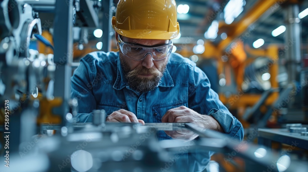 Poster an engineer doing calculations on a metal frame to test it for strength, the frame should be in the 