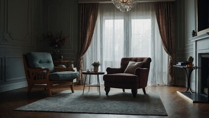 nterior of room with light curtain, armchair and table