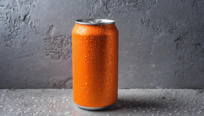 Orange aluminum can with condensation drops. Drink package. Refreshing beverage. Gray concrete surface