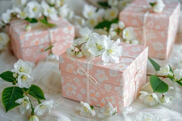 Fototapeta na wymiar Delicate Pink Gift Boxes with White Flowers, Soft and Romantic Composition
