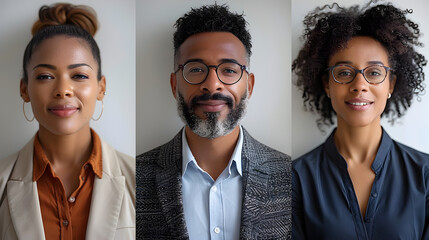 Three Business Professionals - Black Woman, Mixed Race Men in Glasses and Beards - Executive Assistants in Formal Attire - Professional Studio - obrazy, fototapety, plakaty