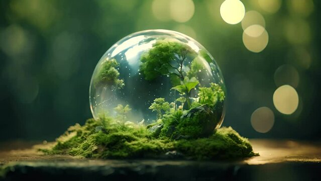 Environment Concept, ball is surrounded by green grass and trees, creating a peaceful and serene atmosphere. The sunlight is shining on the ball