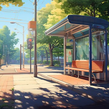 illustration of A scene of a bus stop sunny during the day with a ve, Generative ai
