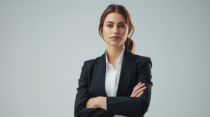 A poised and professional woman in a sleek black blazer stands confidently with crossed arms, portraying the archetype of modern corporate elegance against a soft gray backdrop