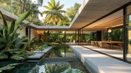 An exterior view of an minimalist villa with nice tropical garden landscape. Generative AI.