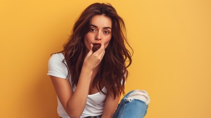 Young woman in tight pants looking at a piece of chocolate in her hand on a yellow background