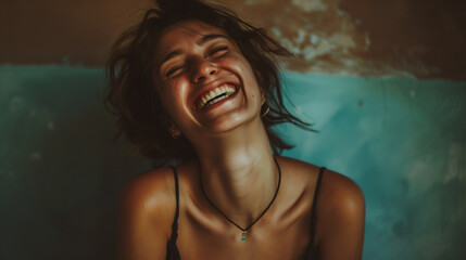 A young woman with a broad smile and curly hair experiences a moment of uninhibited joy against an artfully distressed background, highlighting the beauty of spontaneous emotions