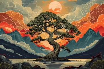 Ancient tree on the shore, surrounded by mountains and cloud