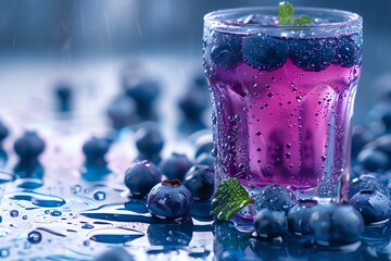 Glass of blueberry juice on table in cafe, closeup
