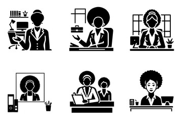 Fototapeta na wymiar Empowering Office Icons: Minimalist Pictograms of Black Women at Work