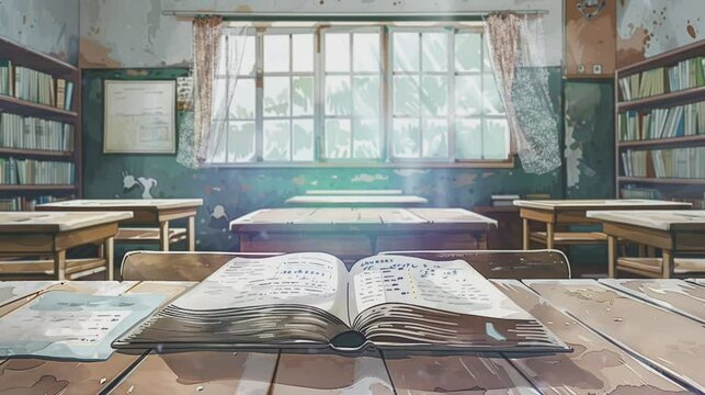 Open book on the table inside empty classroom. Cartoon painting illustration style. Seamless looping animated. Generative AI
