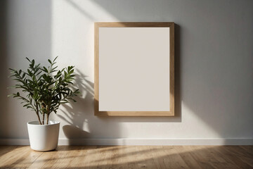 Small vertical wooden frame mockup in scandi style on empty neutral white wall background 