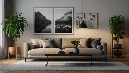 nterior of modern living room with comfortable sofa, lamp, empty frames and houseplant