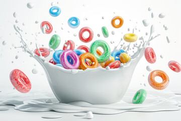Colorful Cereal Splash: Vibrant Fruit Loops in Milk