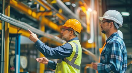 Industrial engineers in hard hats checking equipment and ensuring safety standards in a heavy industrial plant