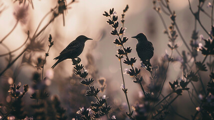 Twiggy Tweets: The Cute Bird's Delightful Feathered Friend - obrazy, fototapety, plakaty