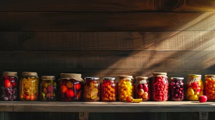 Fotobehang A row of glass jars filled with an assortment of canned fruits, showcasing the colorful variety of preserved produce © Anoo