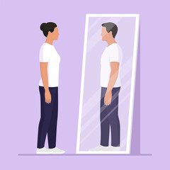Woman looking at the mirror and seeing herself as a man