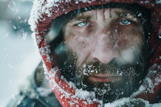 Poor homeless man close up, winter