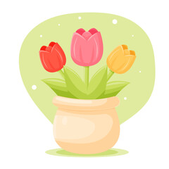 Beautiful cartoon different tulips in a pot, vector illustration