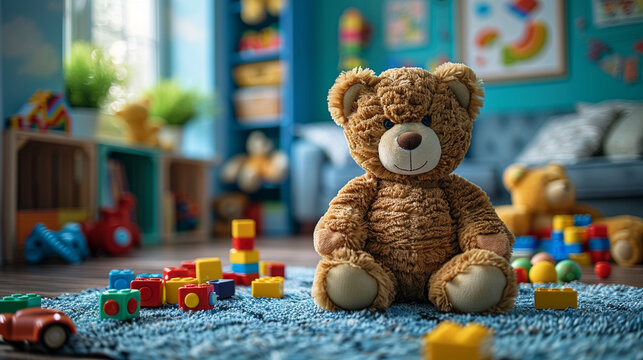 Picture a whimsical scene of a child's playroom filled with an array of colorful toys scattered across the floor, from plush teddy bears to vibrant building blocks, creating a joyf